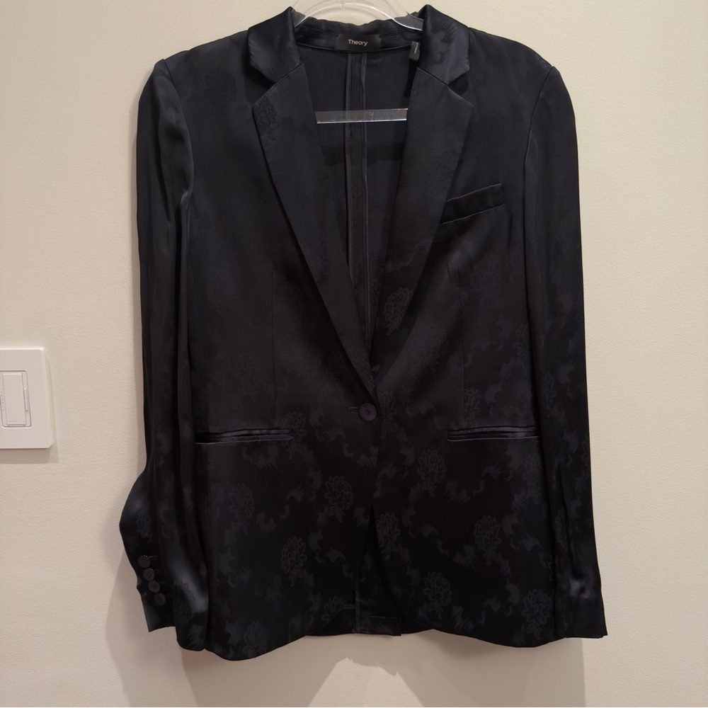 Theory Grinson Satin Jacquard Dark Navy Blue Blazer Size 6 Slim Fit Women’s